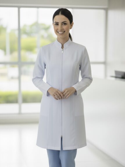 Jaleco Gabardine Gola de Padre com Zíper Feminino